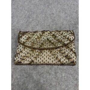Vintage Clutch Gold Bead Sequin‎ Hand Made Hong Kong Envelope Satin Lined Pretty